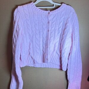 Pink Republic Cable‎ Knit Cropped Cardigan Sweater Light Pink Size L